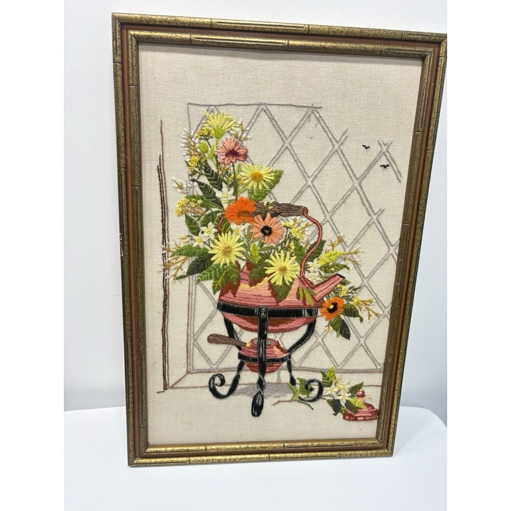 Vintage Crewel Embroidery Floral Watering Can Framed Wall Art Cottagecore 26”